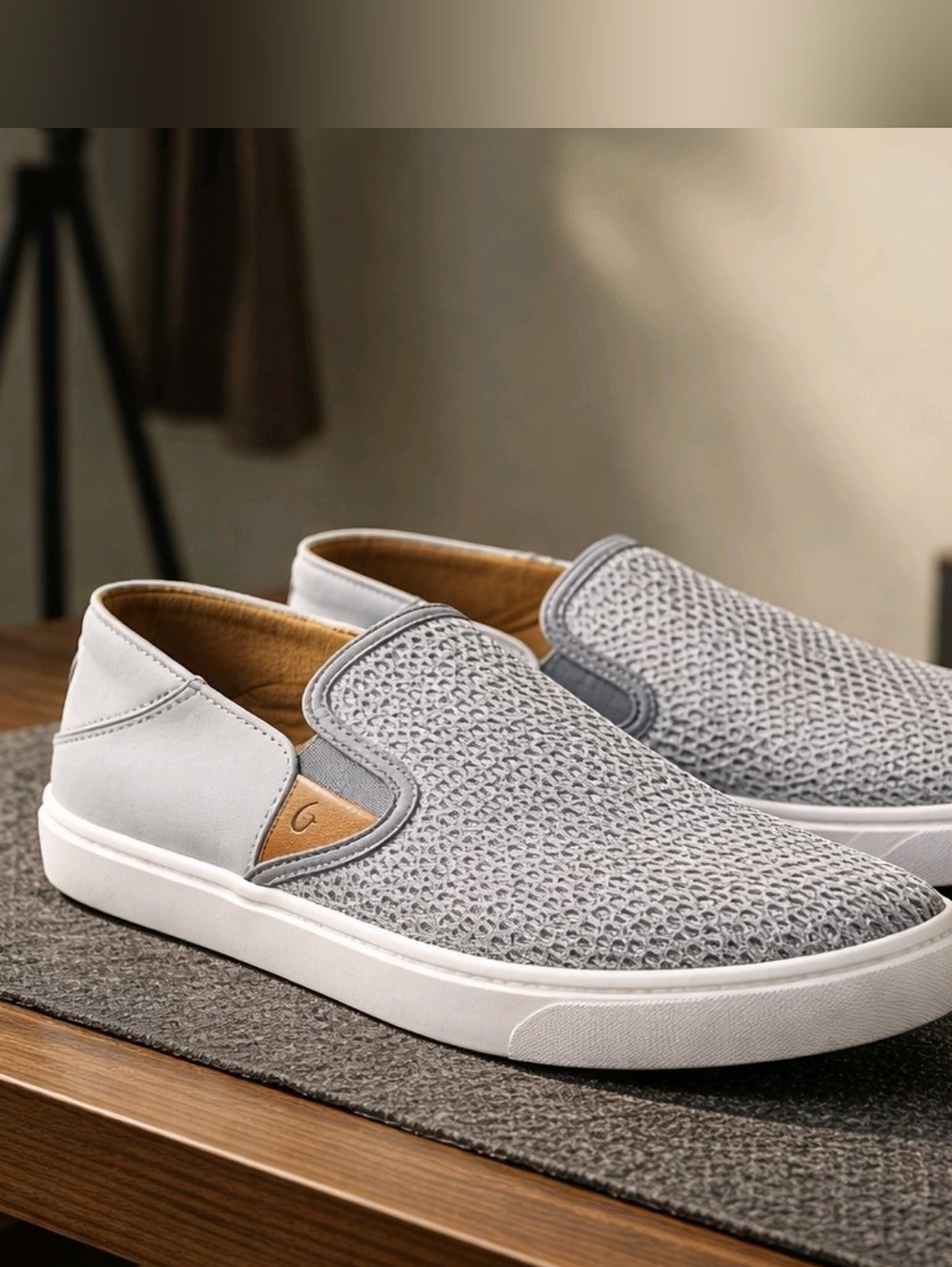 Olukai Pehuea Gray Palm Leaf Slip On Flats Mesh Upper Drop In Heel Shoe Size 9